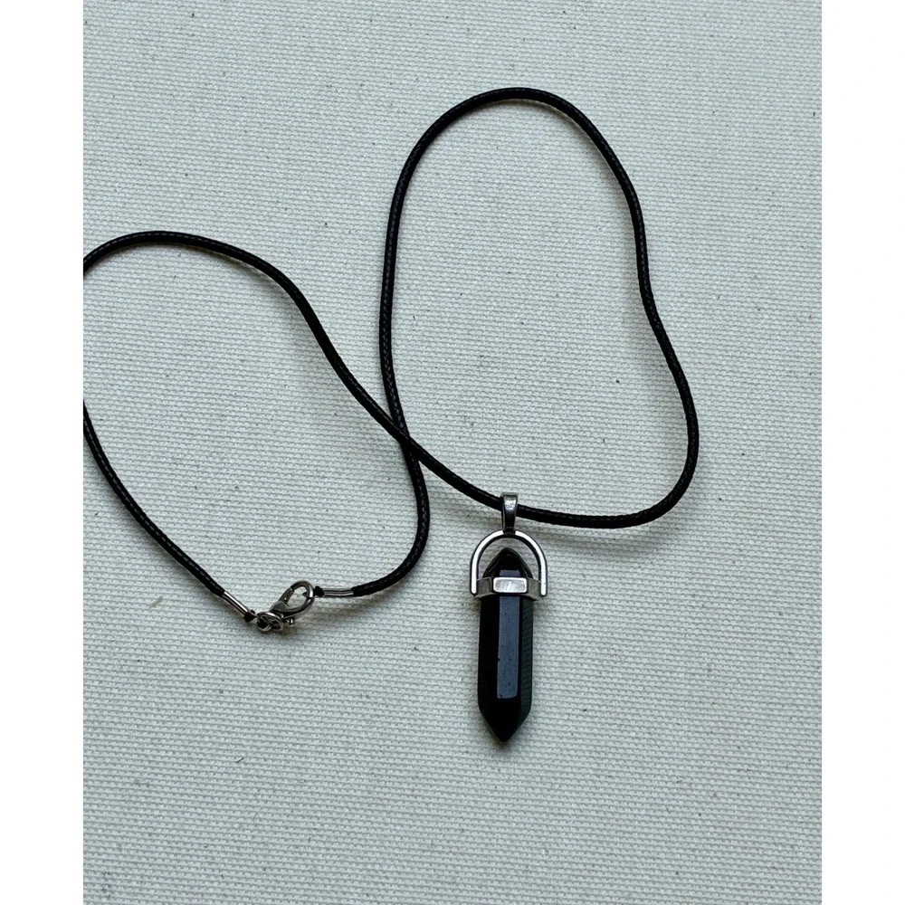 Solid Black Crystal Point Pendant Necklace Cord Silver Tone Boho Y2K Bohemian